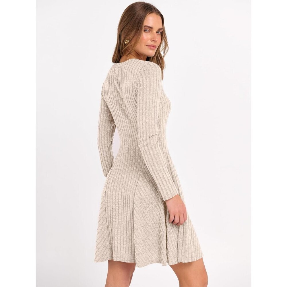 Women's Long Sleeve Ribbed Knit Short Dresses V Neck Swing Sweater Dress Beige - Picture 4 of 7